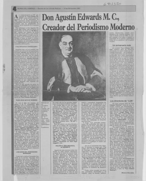 Agustín Edwards M. C., creador del periodismo moderno  [artículo] Homero Bascuñán.