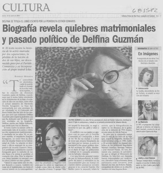 Biografía revela quiebres matriomoniales y pasado político de Delfina Guzmán  [artículo] Rodrigo Miranda.