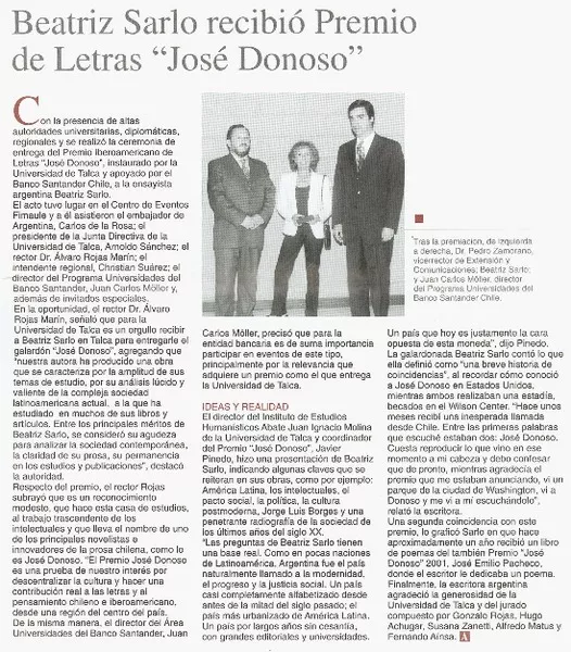 Beatriz Sarlo recibió premio de letras "José Donoso".  [artículo]