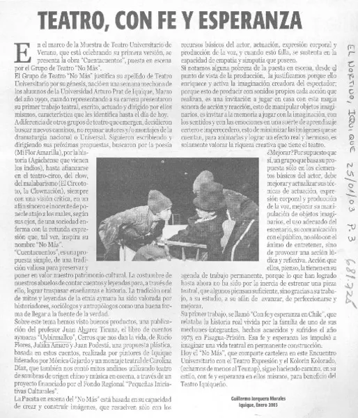 Teatro, con fe y esperanza  [artículo] Guillermo Jorquera Morales.