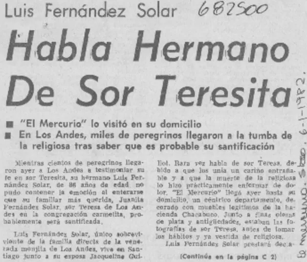 Habla hermano de sor Teresa.  [artículo]