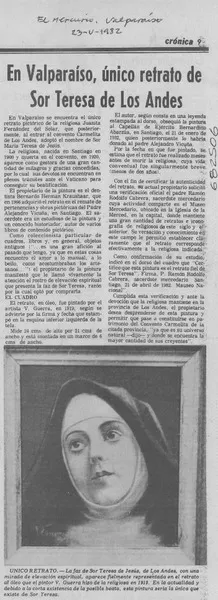 En Valparaíso, único retrato de Sor Teresa de Los Andes.  [artículo]