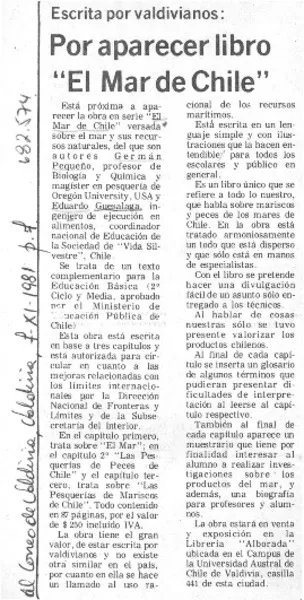 Por aparecer libro "El mar de Chile".  [artículo]
