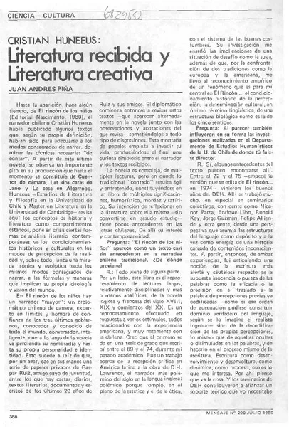 Literatura recibida y lieratura creativa : [Entrevista] [artículo] Juan Andrés Piña.