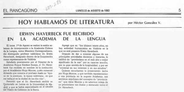 Erwin Haverbeck fue recibido en la Academia de la Lengua  [artículo] Héctor González V.