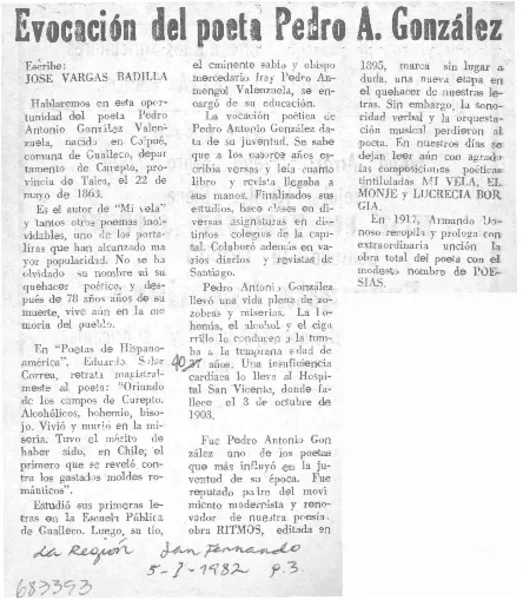 Evocación del poeta Pedro A. González  [artículo] José Vargas Badilla.