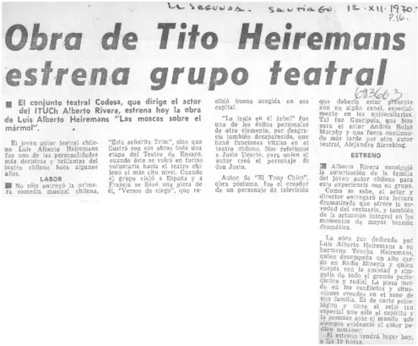 Obra de Tito Heiremans estrena grupo teatral.  [artículo]