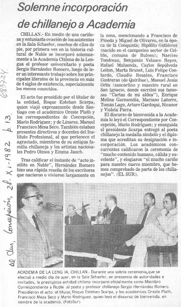 Solemne incorporación de chillanejo a Academia.  [artículo]