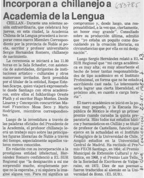 Incorporación a chillanejo a Academia de la Lengua.  [artículo]