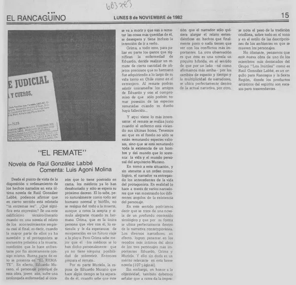 "El remate" : [comentario] [artículo] Luis Agoni Molina.