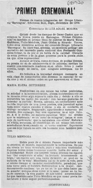 Primer ceremonial  [artículo] Luis Agoni Molina.