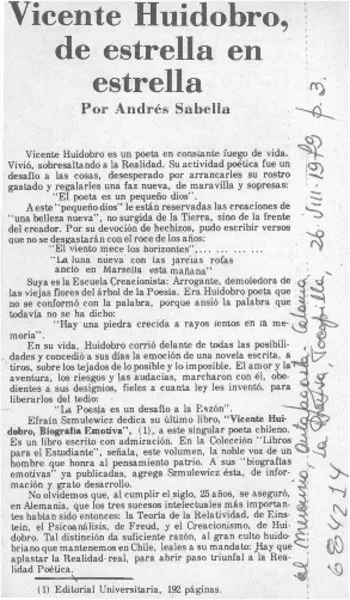 Vicente Huidobro, de estrella en estrella  [artículo] Andrés Sabella.