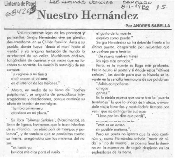 Nuestro Hernández  [artículo] Andrés Sabella.
