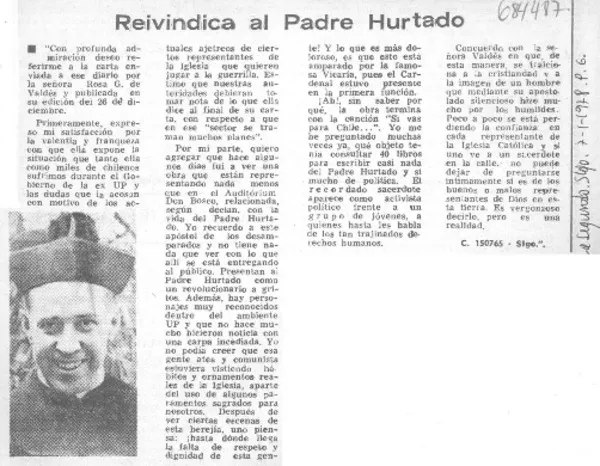 Reivindica al Padre Hurtado.  [artículo]