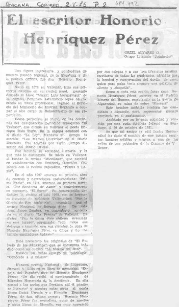 El escritor Honorio Henríquez Pérez  [artículo] Oriel Alvarez G.