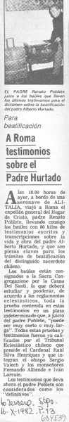 A Roma testimonios sobre el Padre Hurtado.  [artículo]