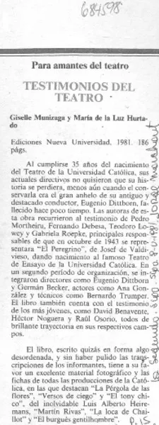 Testimonios del teatro  [artículo] Jorge Marchant.