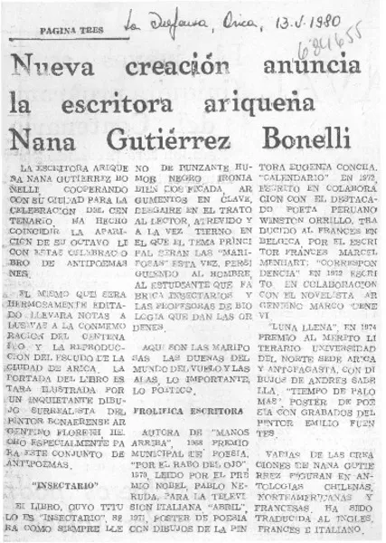 Nueva creación anuncia la escritora ariqueña Nana Gutiérrez Bonelli.  [artículo]