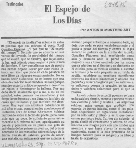 El Espejo de los días  [artículo] Antonio Montero Abt.