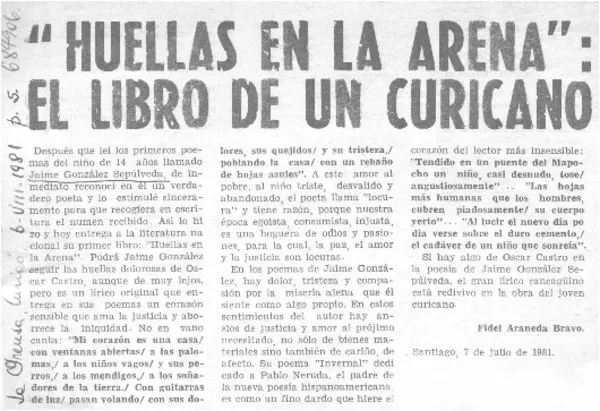 Huellas en la arena": el libro de un curicano  [artículo] Fidel Araneda Bravo.