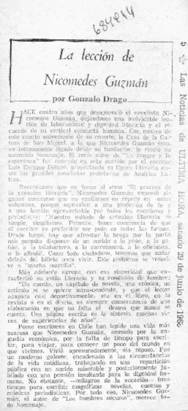 La lección de Nicomedes Guzmán  [artículo] Gonzalo Drago.