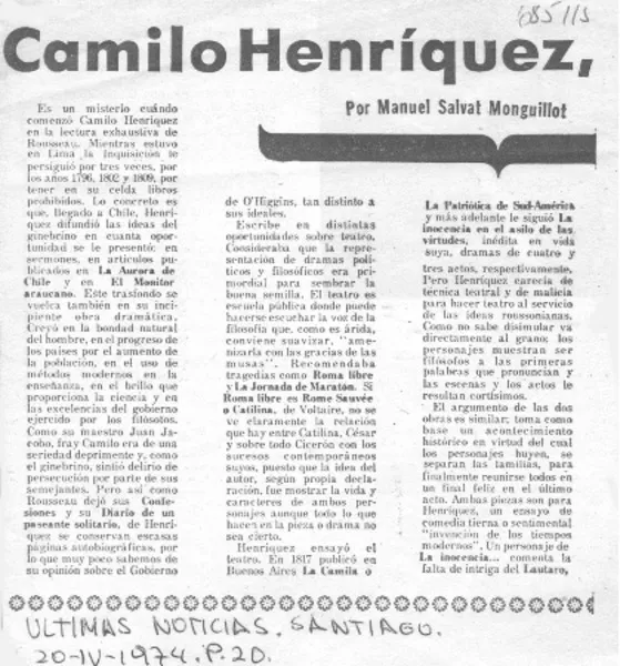 Camilo Henríquez, dramaturgo  [artículo] Manuel Salvat Monguillot.