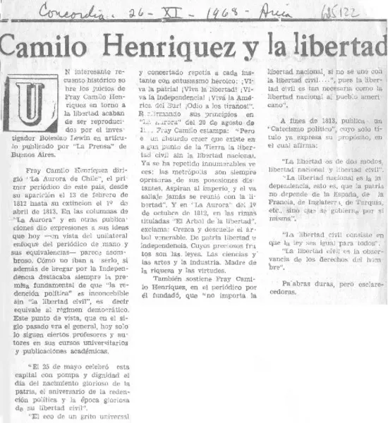 Camilo Henríquez y la libertad.  [artículo]