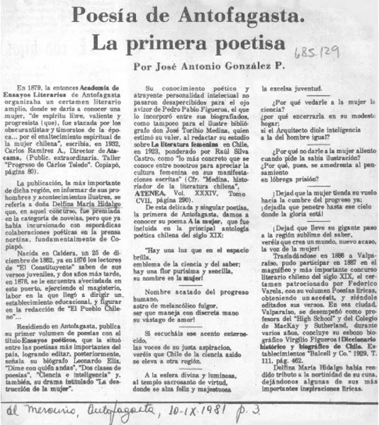 Poesía de Antofagasta. La primera poetisa  [artículo] José Antonio González P.