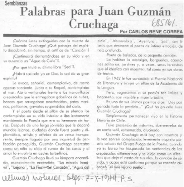 Palabras para Juan Guzmán Cruchaga  [artículo] Carlos René Correa.
