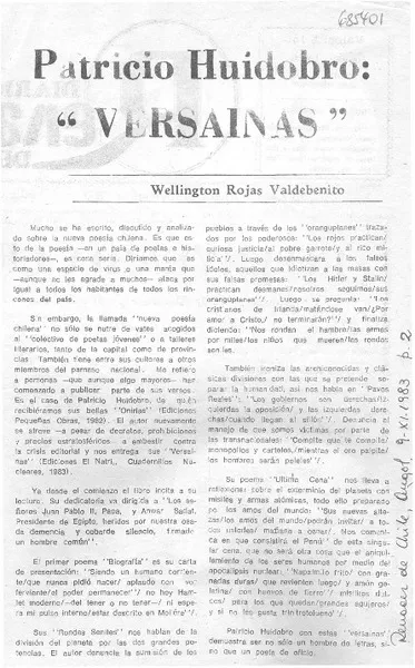 Patricio Huidobro "Versainas"  [artículo] Wellington Rojas Valdebenito.