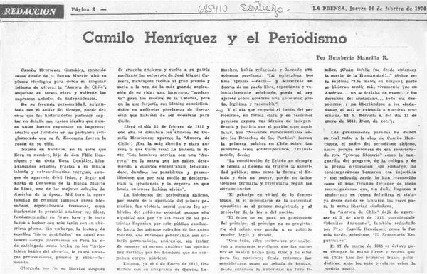 Camilo Henríquez y el periodismo  [artículo] Humberto Mancilla R.