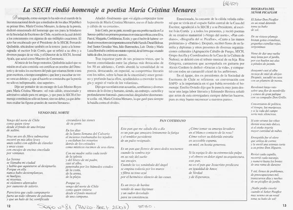 La SECH rindió homenaje a poetisa María Cristina Menares.  [artículo]