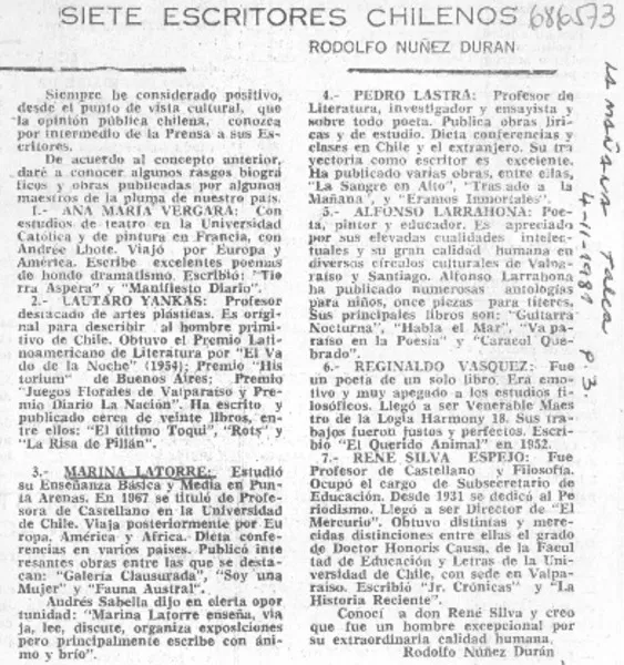 Siete escritores chilenos  [artículo] Rodolfo Núñez Durán.