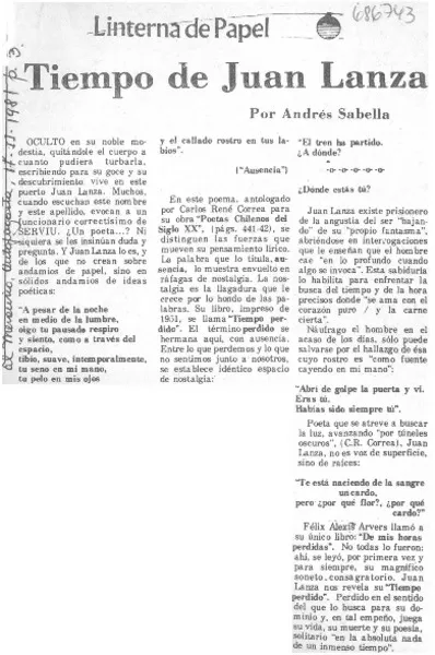 Tiempo de Juan Lanza  [artículo] Andrés Sabella.