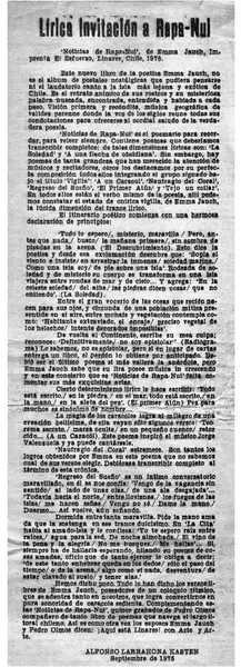 Lírica invitación a Rapa-Nui  [artículo] Alfonso Larrahona Kästen.