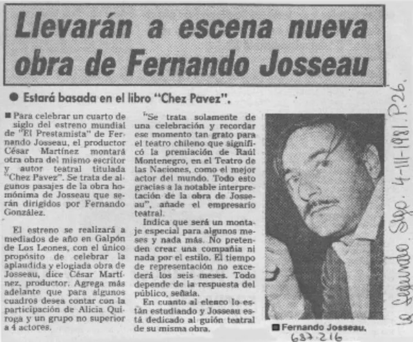 Llevarán a escena nueva obra de Fernando Josseau.  [artículo]
