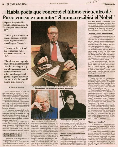 Habla poeta que concertó el último encuentro de Parra con su ex amante: "él nunca recibirá el Nobel".  [artículo]