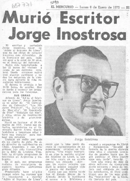 Murió escritor Jorge Inostrosa.  [artículo]