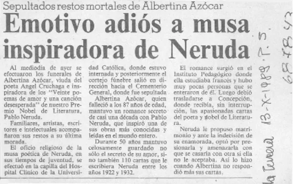 Emotivo adiós a musa inspiradora de Neruda.  [artículo]