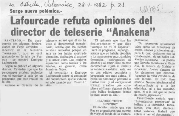 Lafourcade refuta opiniones del director de teleserie "Anakena".  [artículo]
