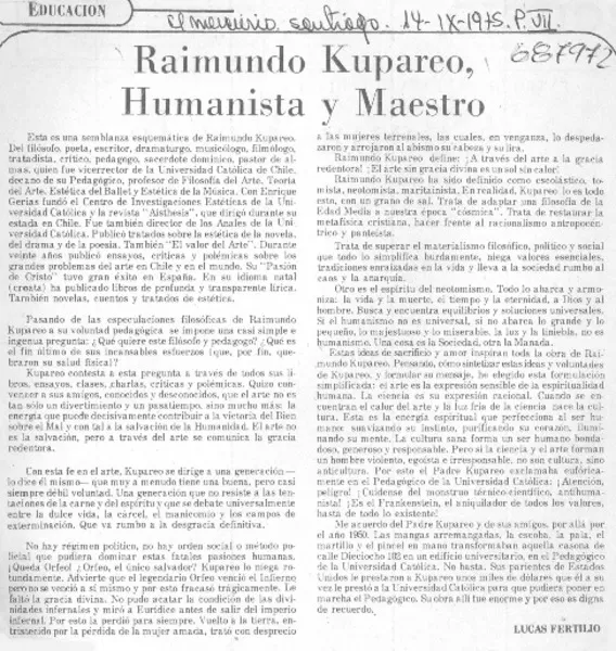 Raimundo Kupareo, humanista y maestro  [artículo] Lucas Fertilio.