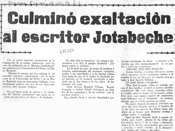 Culminó exaltación al escritor Jotabeche.  [artículo]
