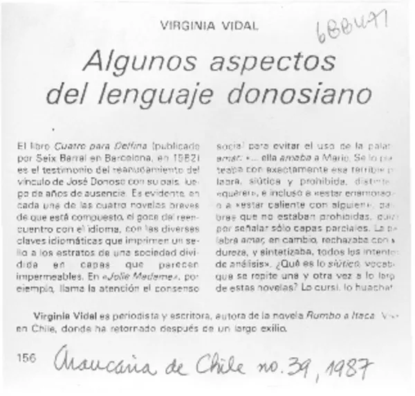 Algunos aspectos del lenguaje donosiano  [artículo] Virginia Vidal.