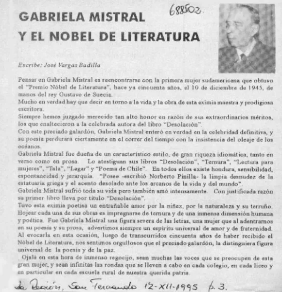 Gabriela Mistral y el Nobel de literatura  [artículo] José Vargas Badilla.