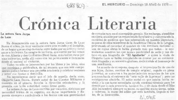 La señora Sara Jarpa  [artículo] Alone.