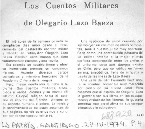 Los cuentos militares de Olegario Lazo Baeza  [artículo] G.O.
