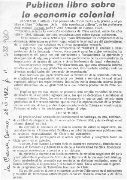 Publican libro sobre la economía colonial.  [artículo]