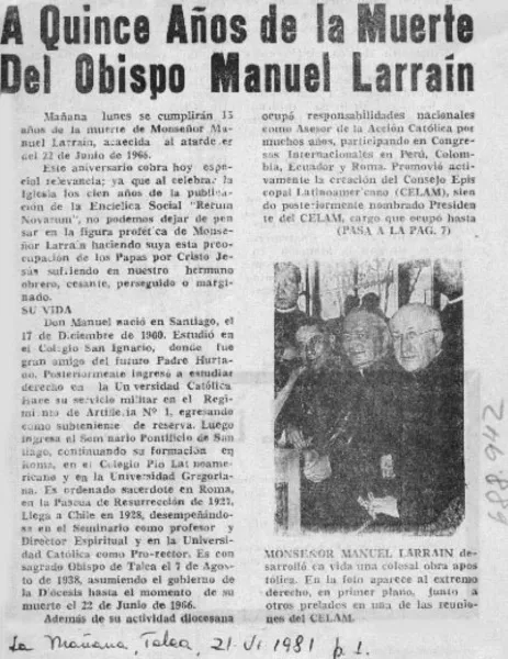 A quince años de la muerte del Obispo Manuel Larraín.  [artículo]