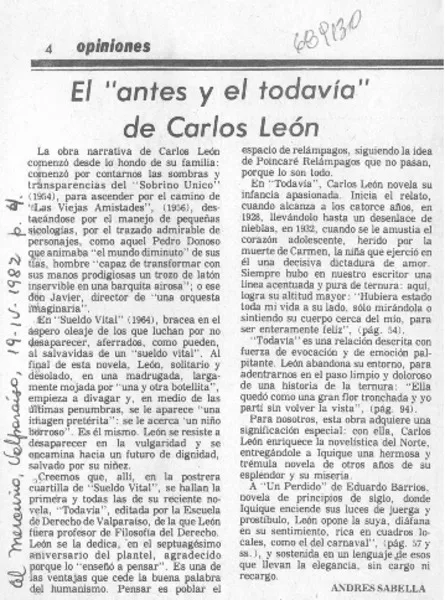 El "antes y el todavía" de Carlos León  [artículo] Andrés Sabella.