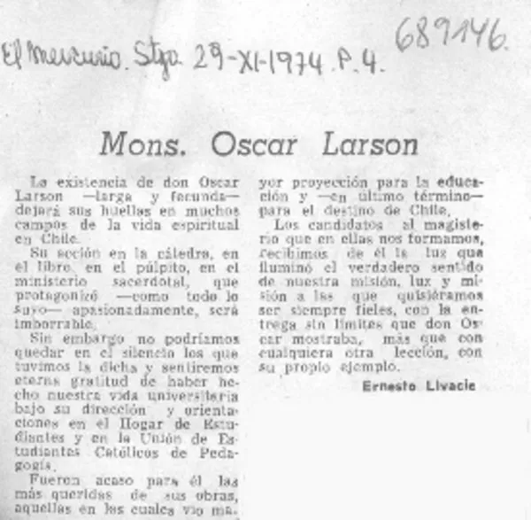 Mons. Oscar Larson  [artículo] Ernesto Livacic.